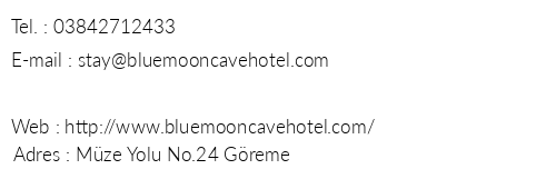 Blue Moon Cave Hotel telefon numaralar, faks, e-mail, posta adresi ve iletiim bilgileri